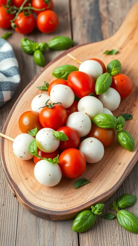 A wooden platter filled with mini Caprese skewers featuring cherry tomatoes, mozzarella balls, and basil leaves.