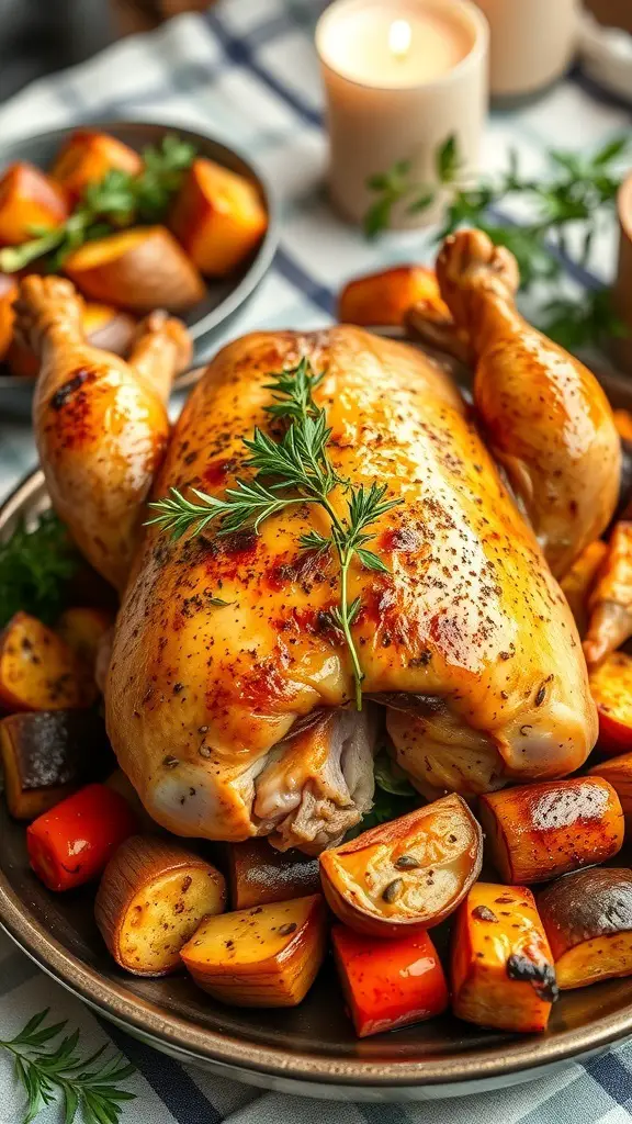 A beautifully roasted chicken surrounded by colorful vegetables on a plate.