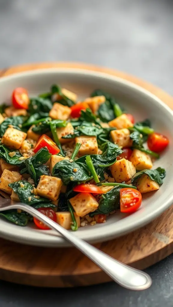 A colorful tofu scramble with spinach and tomatoes served in a bowl.