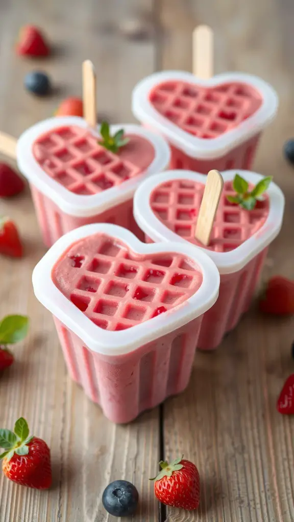 Heart-shaped berry smoothie popsicles in molds with fresh strawberries and blueberries around them.