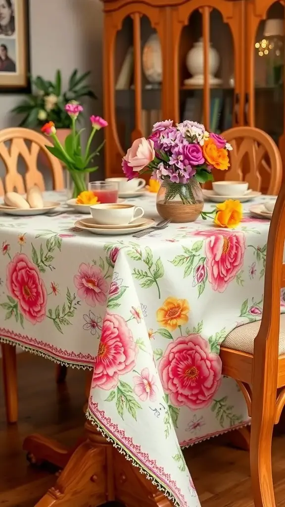 A beautifully set table with a floral tablecloth, fresh flowers in a vase, and tea cups, creating a spring-inspired dining atmosphere.