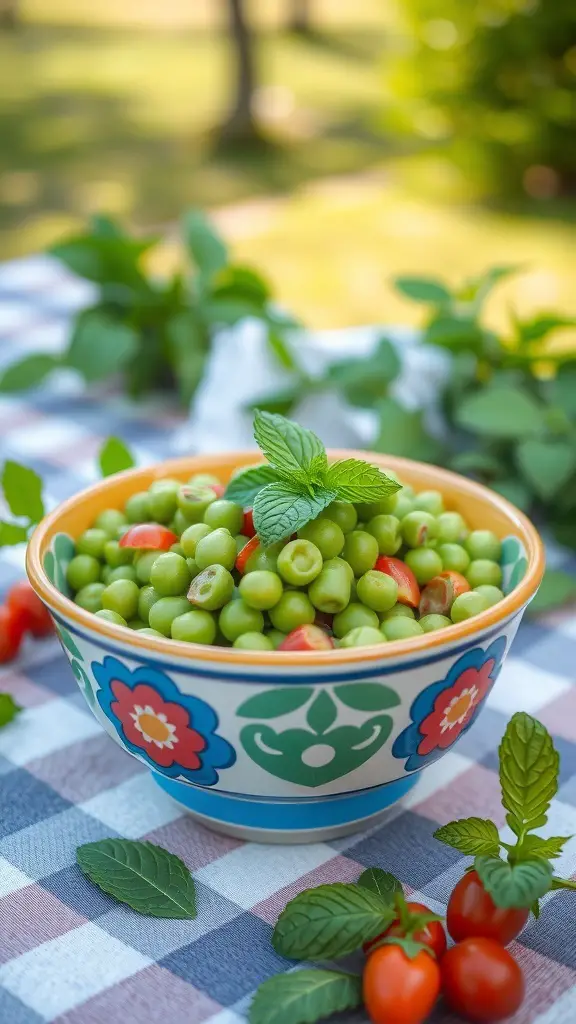 A colorful bowl filled with green peas, cherry tomatoes, and mint leaves on a checkered tablecloth.