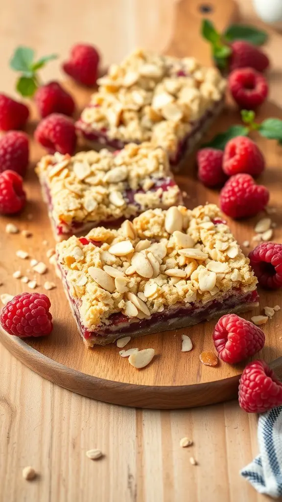 Raspberry Almond Crumble Bars on a wooden board, surrounded by fresh raspberries and mint leaves.