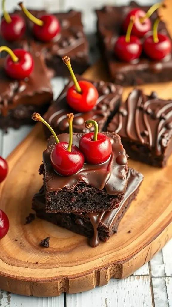 Chocolate-covered cherry brownies on a wooden platter