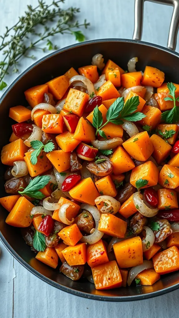 A skillet filled with colorful sweet potato hash, featuring diced sweet potatoes, onions, and fresh herbs.