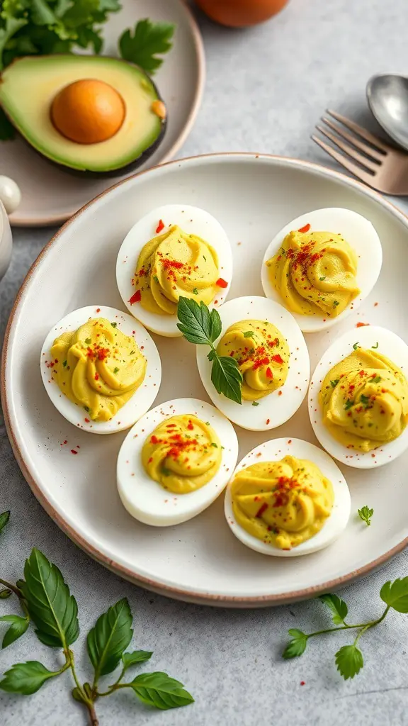A plate of deviled eggs filled with avocado mixture, garnished with herbs and spices.