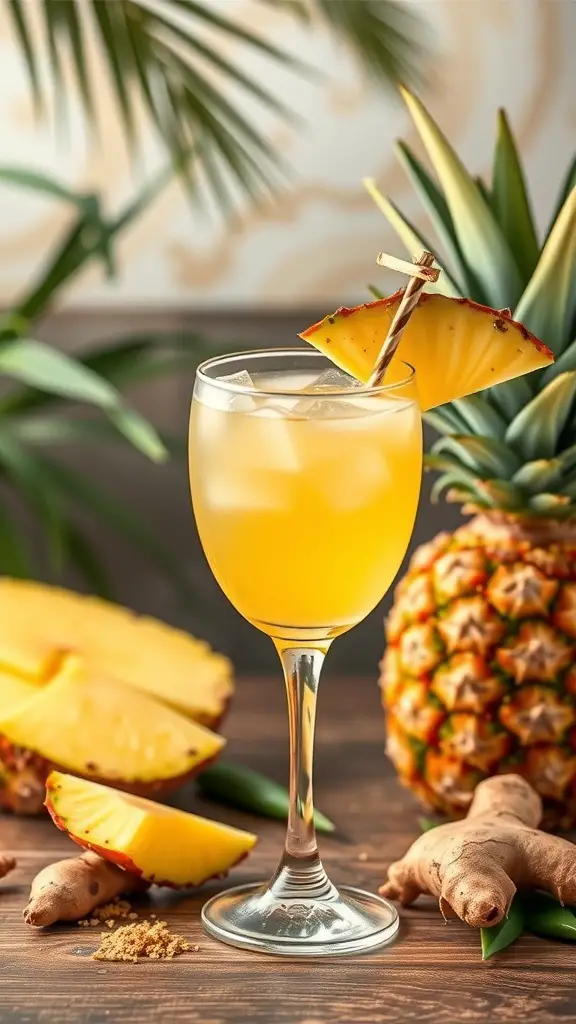 A refreshing Pineapple Ginger Mocktail served in a glass with ice, garnished with a slice of pineapple, surrounded by fresh pineapples and ginger root.
