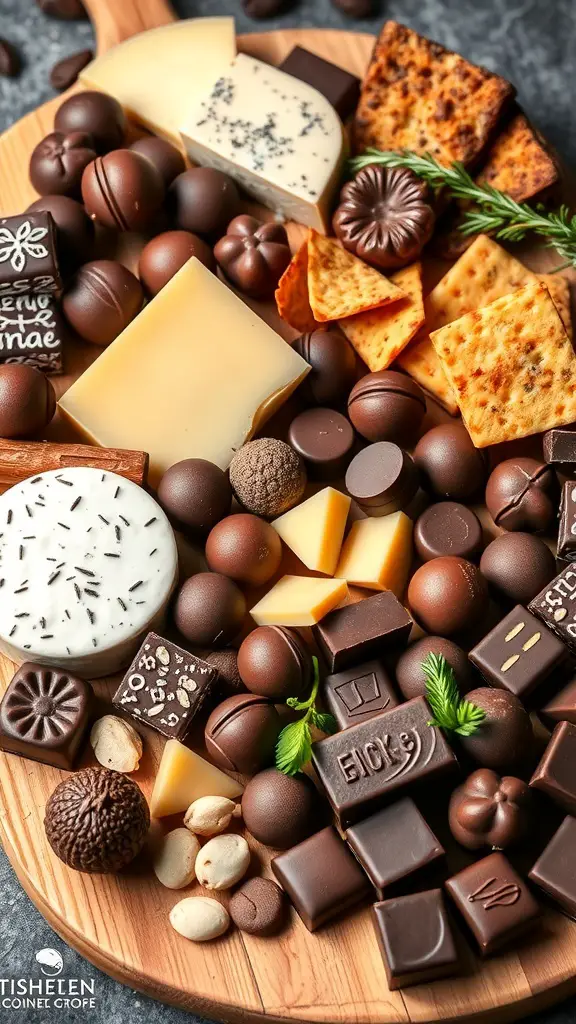 A variety of gourmet chocolates and cheeses arranged on a wooden platter.