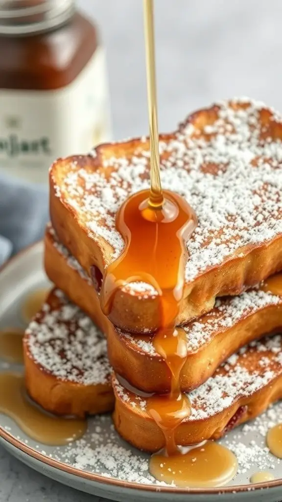 Vegan French toast with maple syrup and powdered sugar