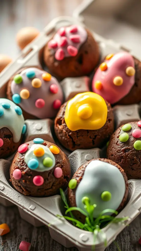 Colorful egg-shaped brownie bites in a carton, decorated with icing and sprinkles.