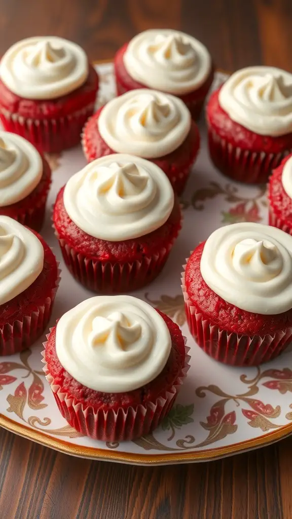 Red velvet muffins topped with cream cheese frosting on a decorative plate.