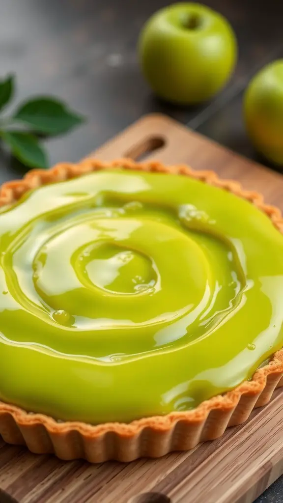 A green apple tart with a glossy filling on a wooden board, surrounded by fresh green apples.