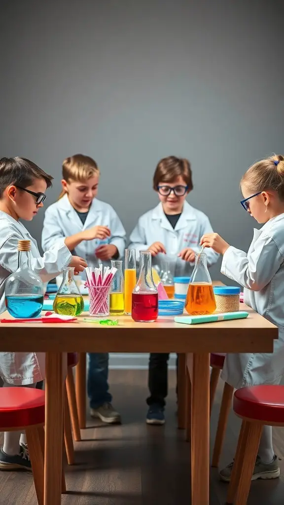 Kids conducting science experiments at a DIY science station
