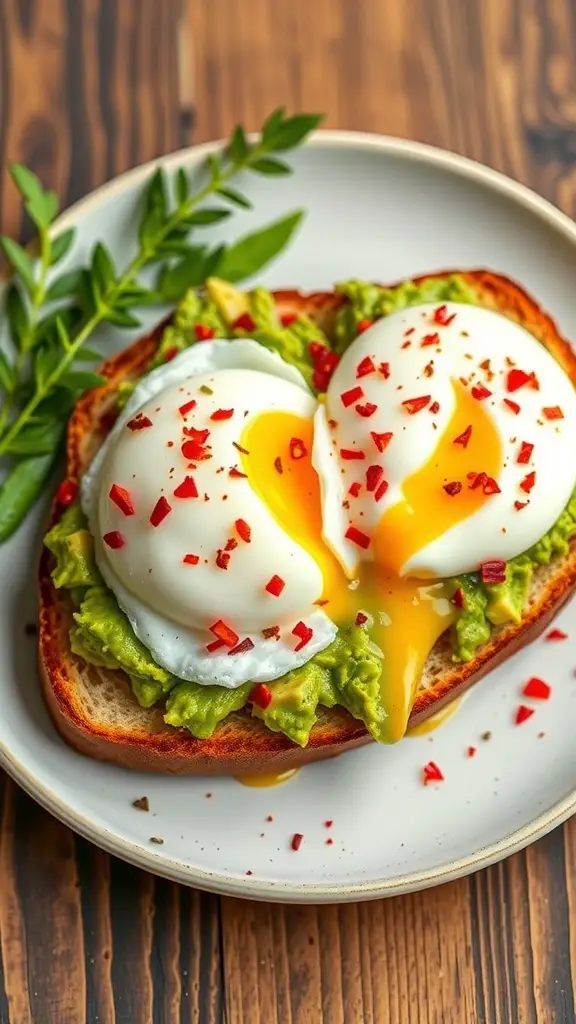 Avocado toast topped with poached eggs and red pepper flakes on a wooden table.