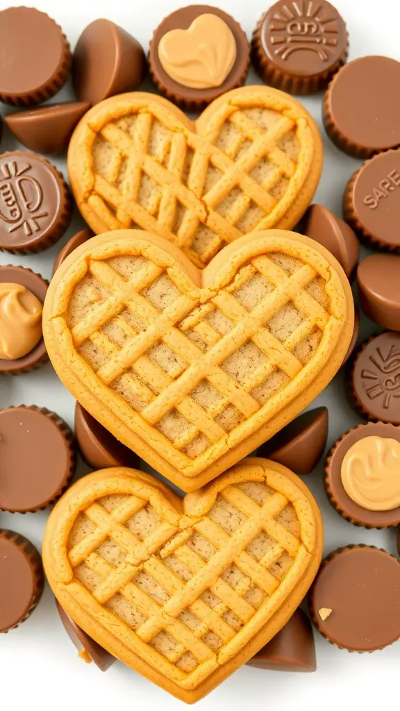 Heart-shaped peanut butter cookies surrounded by chocolate candies