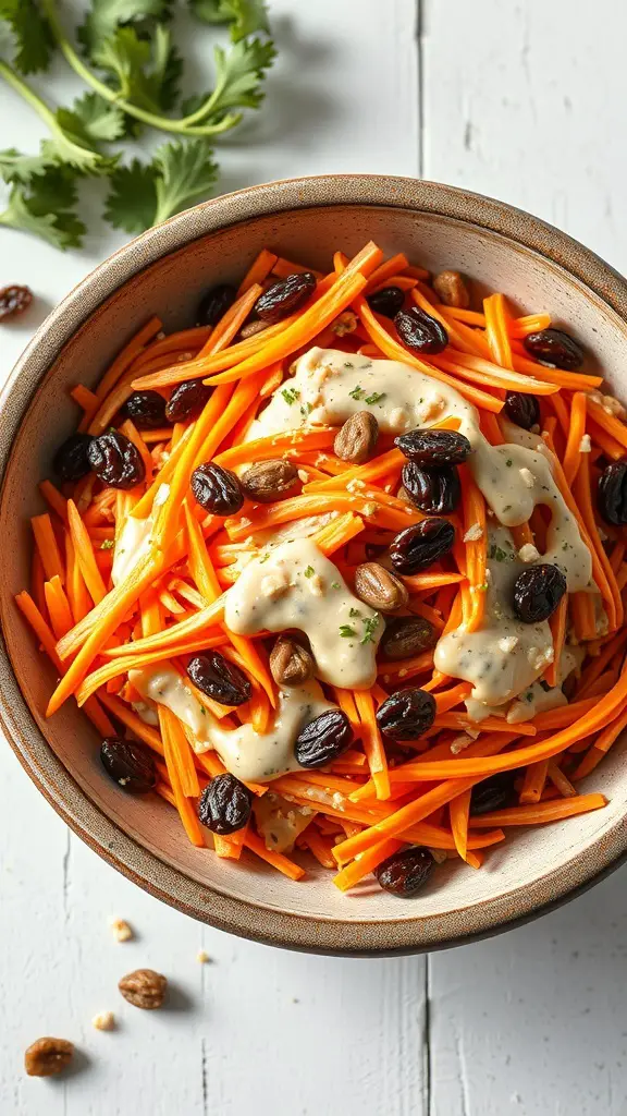 A bowl of carrot and raisin salad with shredded carrots, raisins, and a creamy dressing.