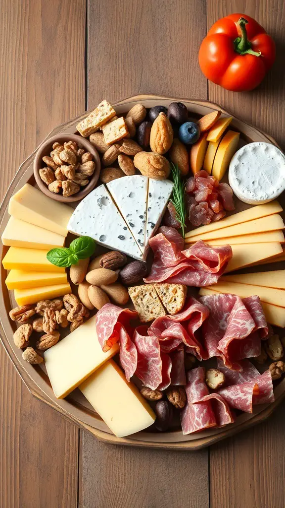 A beautifully arranged charcuterie board featuring various cheeses, cured meats, nuts, and fruits.