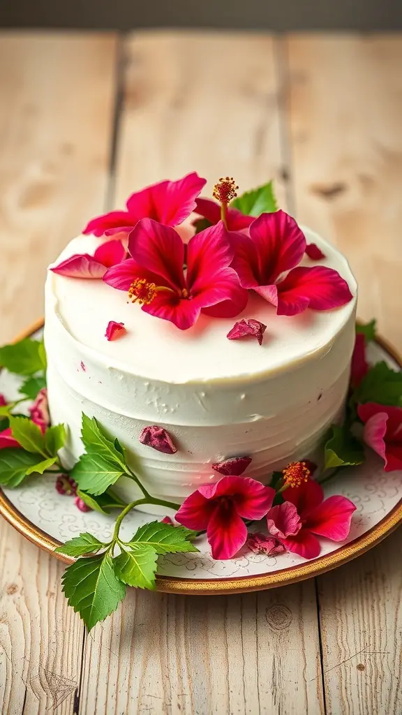 A beautifully decorated Hibiscus Wildflower Cake with vibrant pink hibiscus flowers and green leaves on a wooden table.