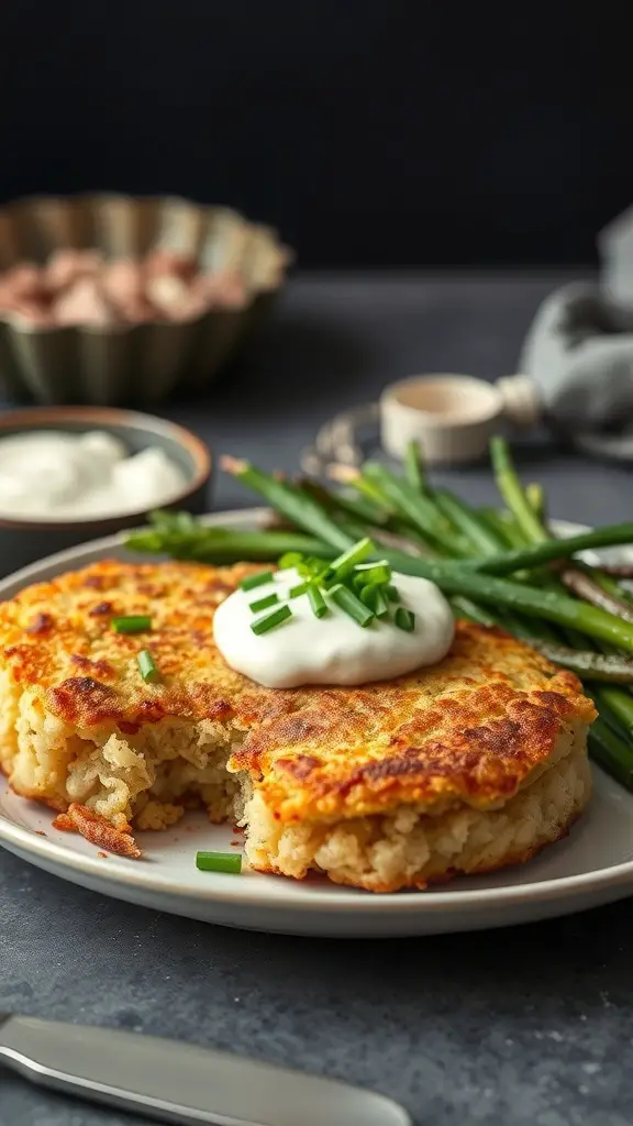 Two golden-brown colcannon potato cakes on a plate, topped with sour cream and chives, with green beans on the side.