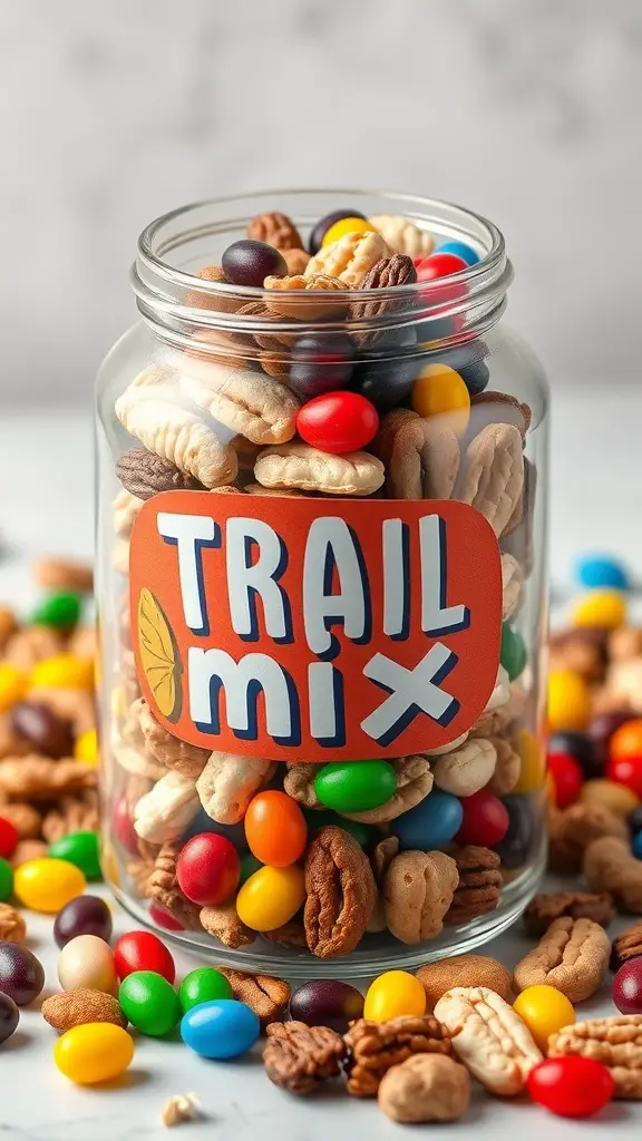 A jar of colorful trail mix filled with jelly beans, nuts, and crunchy snacks.