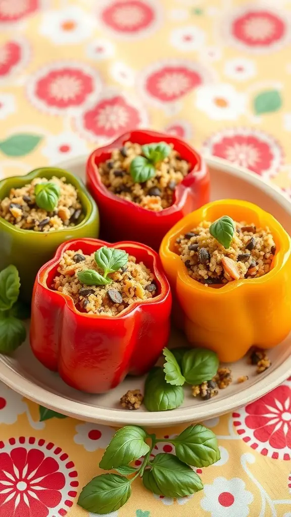 Colorful stuffed bell peppers filled with quinoa and herbs on a decorative plate.