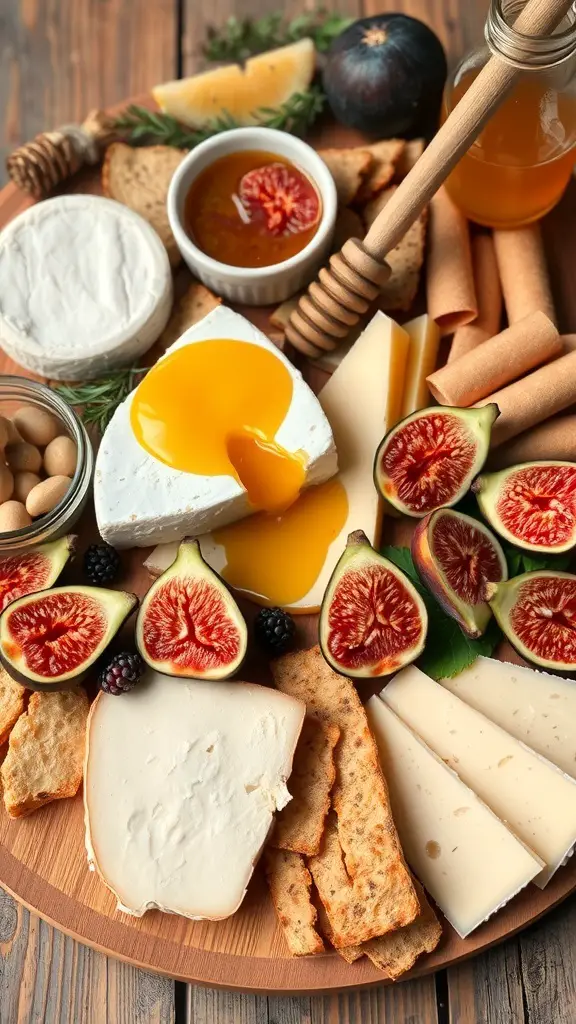 A beautifully arranged Valentine's charcuterie board featuring cheeses, figs, blackberries, honey, and crackers.