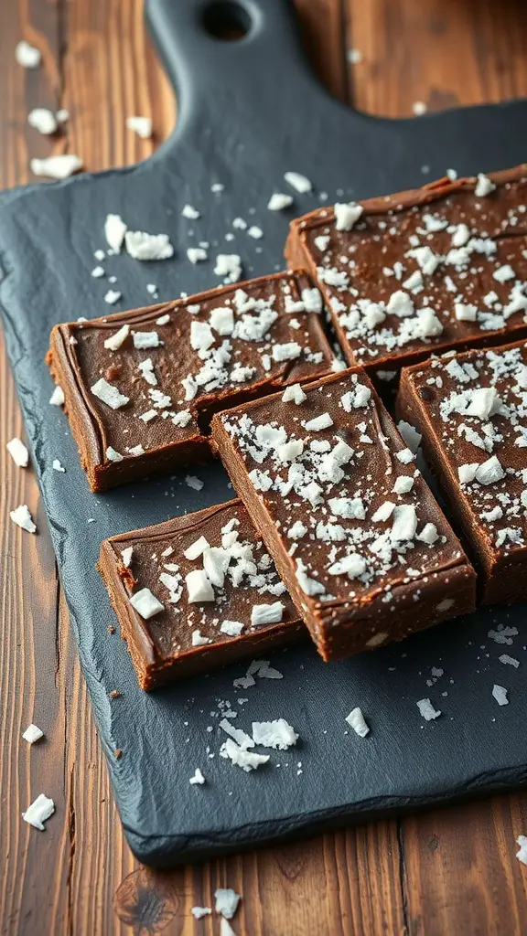 Chocolate Coconut Energy Bars on a slate board with coconut flakes sprinkled on top.