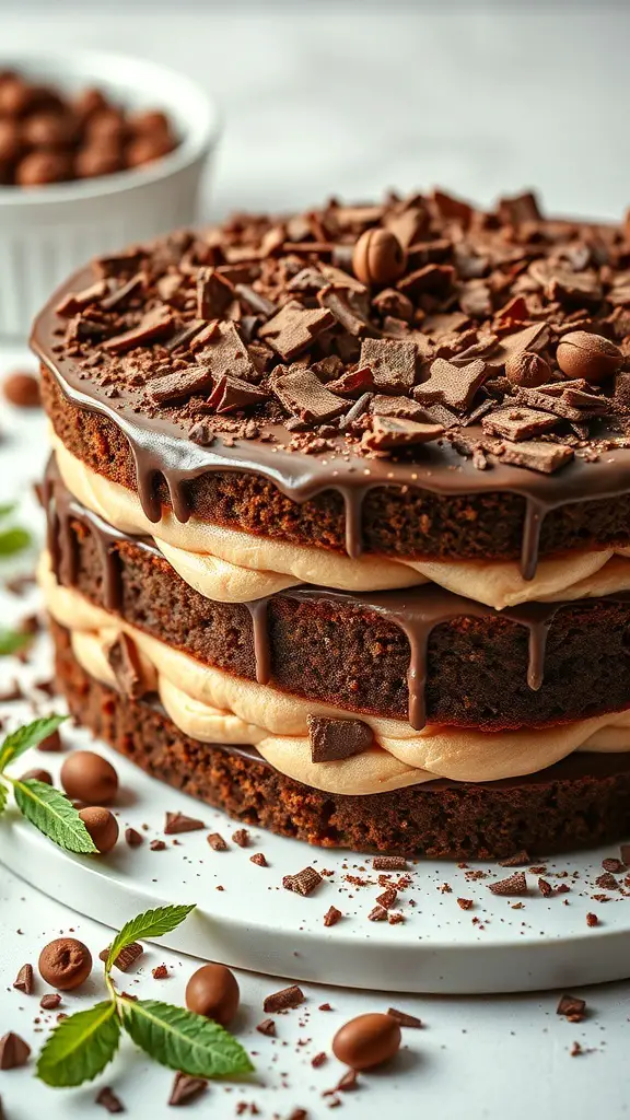 A delicious chocolate hazelnut bento cake with layers of chocolate cake, hazelnut frosting, and chocolate ganache, garnished with chocolate shavings and hazelnuts.