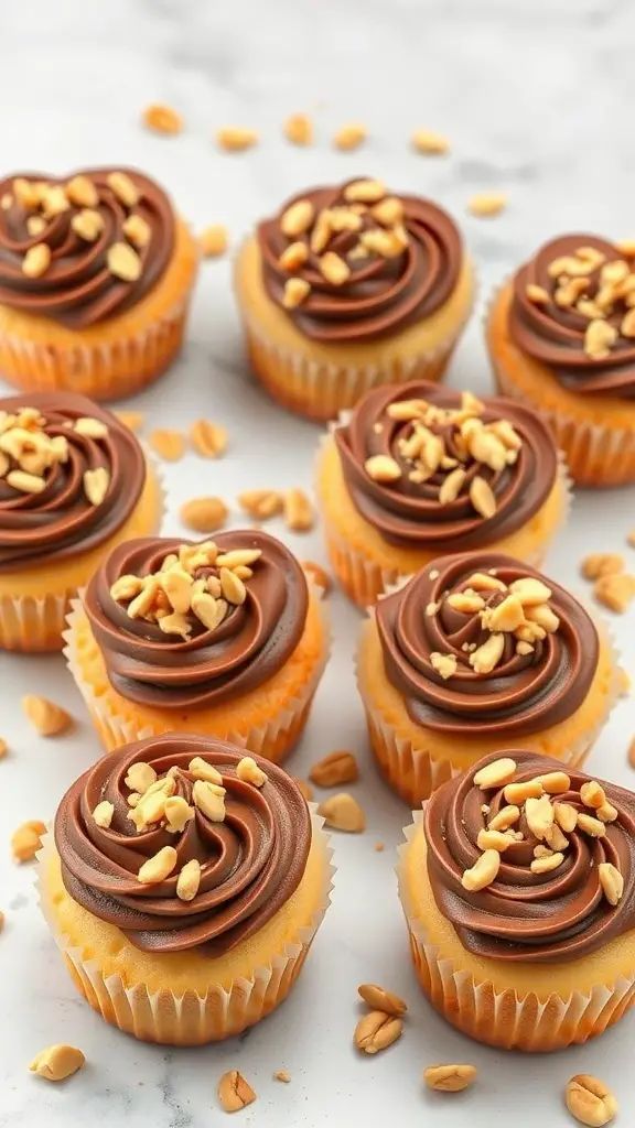 Heart-shaped cupcakes with chocolate frosting and peanuts on top