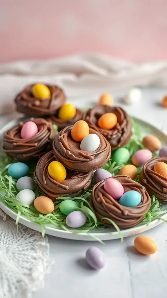 A plate of chocolate egg nest cookies decorated with colorful candy eggs on a bed of green grass.
