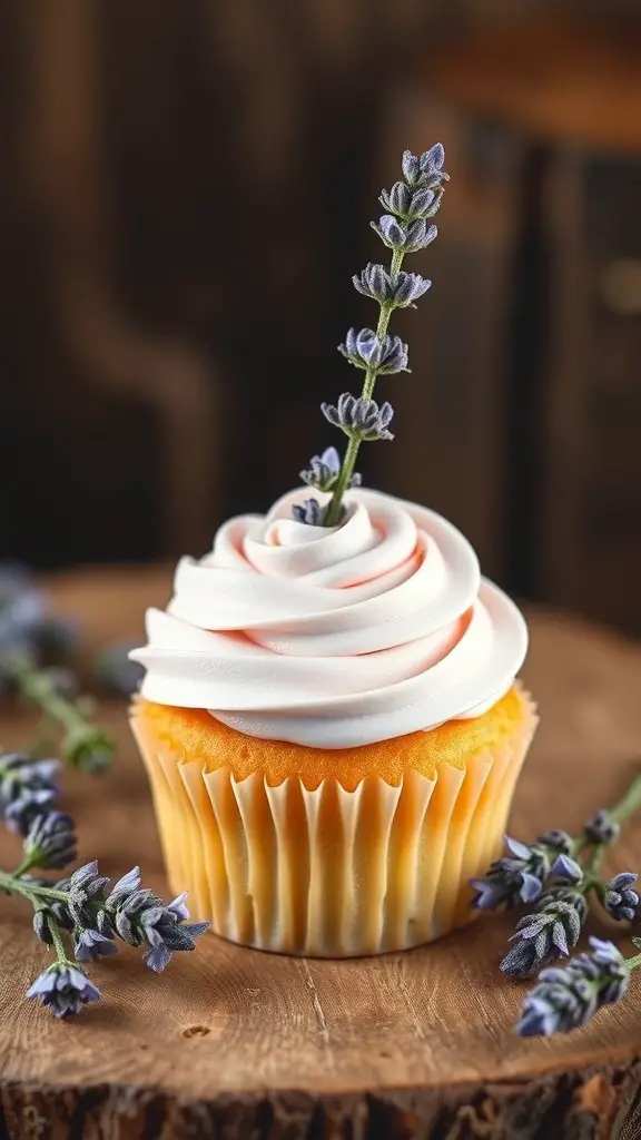 Lavender honey cupcake with a swirl of frosting and a sprig of lavender on top