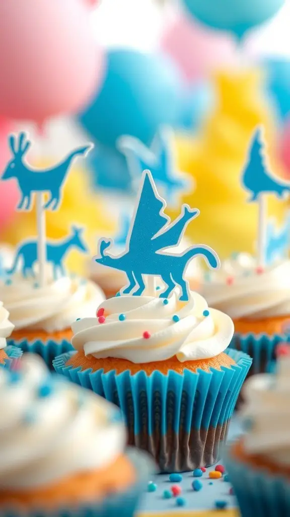 Bluey-themed cupcake toppers on cupcakes with colorful frosting