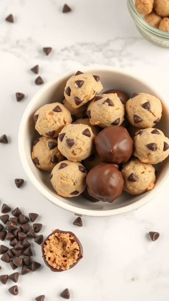 A bowl of chocolate chip cookie dough truffles, some coated in chocolate and others plain, with chocolate chips scattered around.