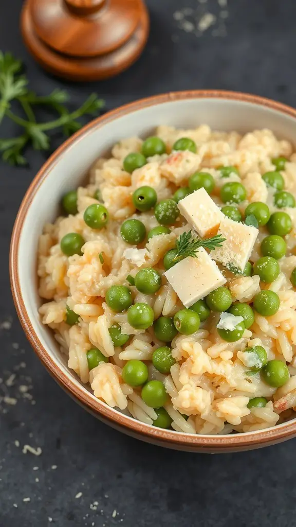 A bowl of creamy risotto with peas, garnished with cheese and herbs.