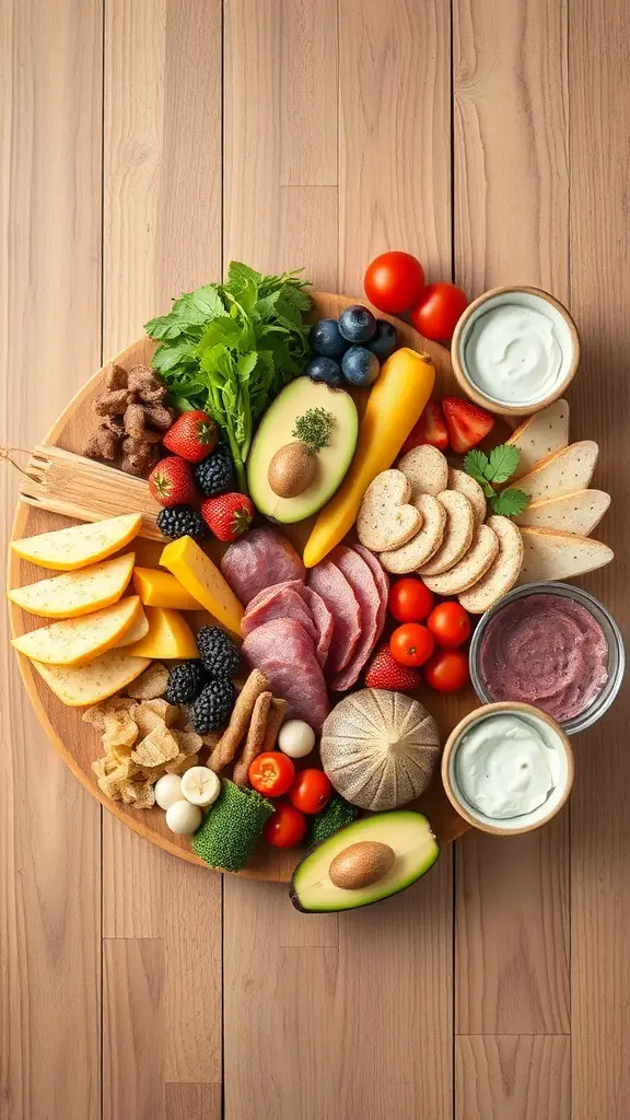A colorful grazing board with assorted fruits, vegetables, cheeses, and meats arranged on a wooden platter.