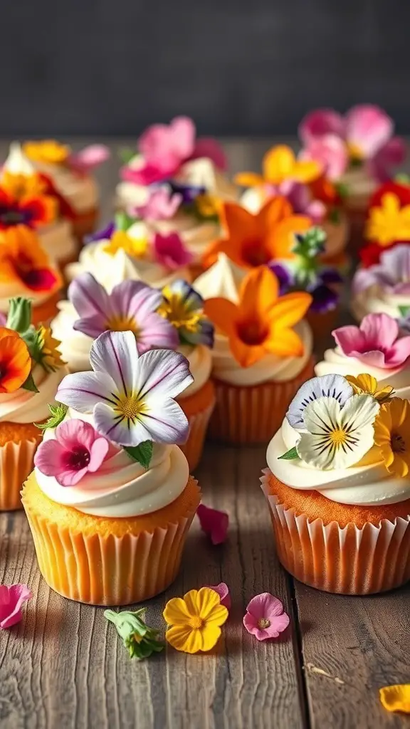 Colorful cupcakes topped with various edible flowers