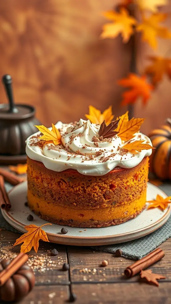 A pumpkin spice poke cake decorated with whipped cream and autumn leaves