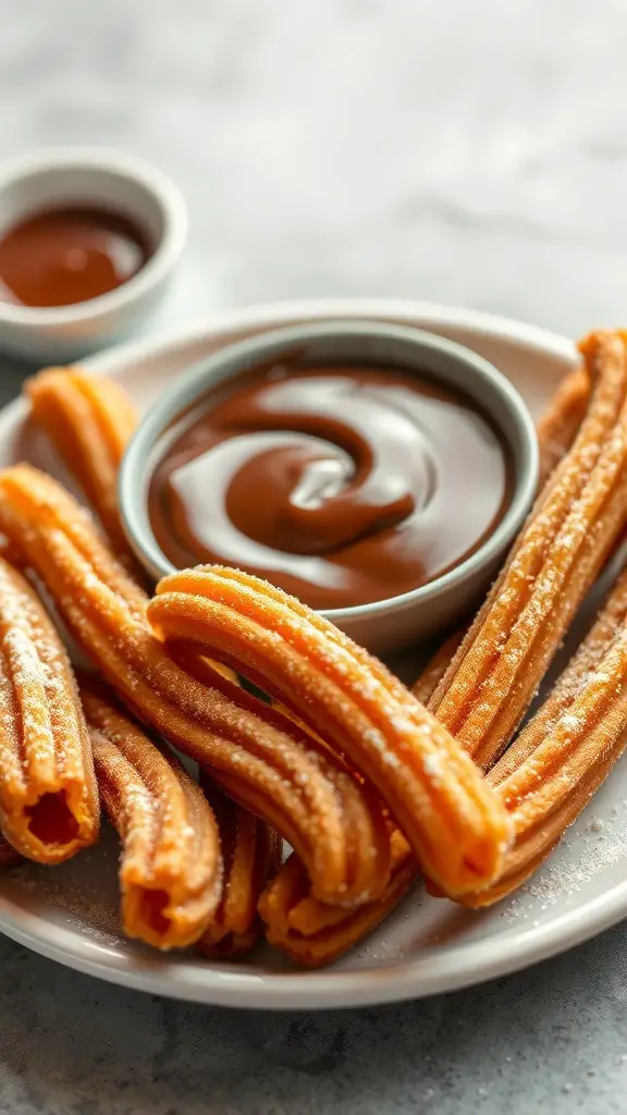 A plate of churros with a chocolate dipping sauce