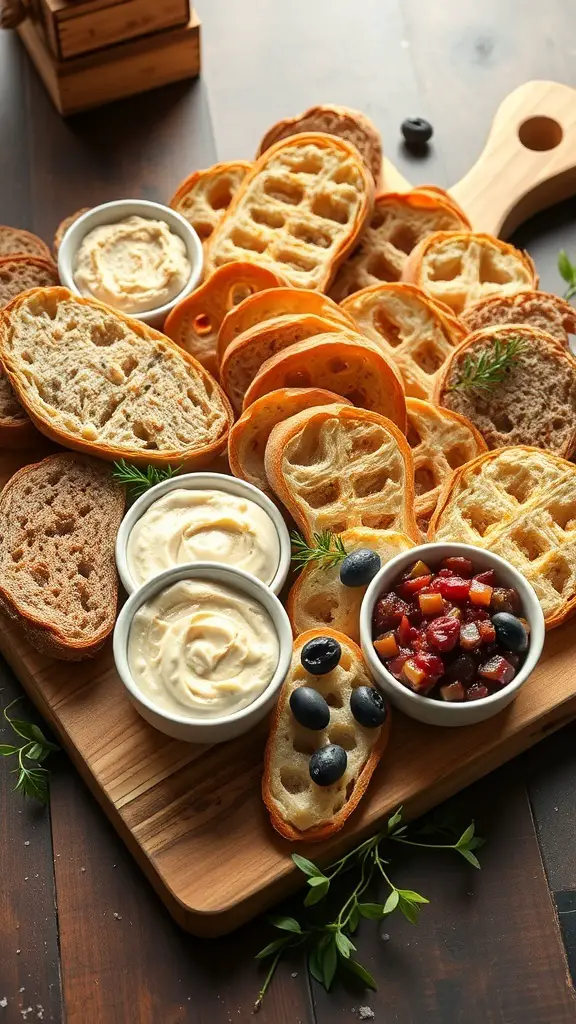 A variety of artisan breads with dips and toppings on a wooden board.