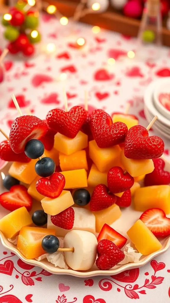 Colorful fruit kabobs with heart-shaped strawberries, melon cubes, and blueberries on a plate.