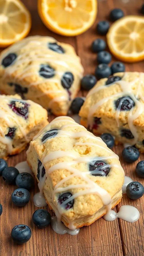 Lemon blueberry scones with a drizzle of icing and fresh blueberries on a wooden table.