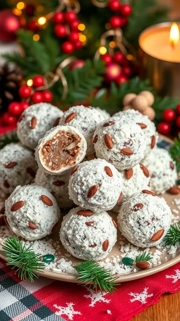 A plate of Almond Joy Energy Balls topped with almonds and shredded coconut, surrounded by festive decorations.