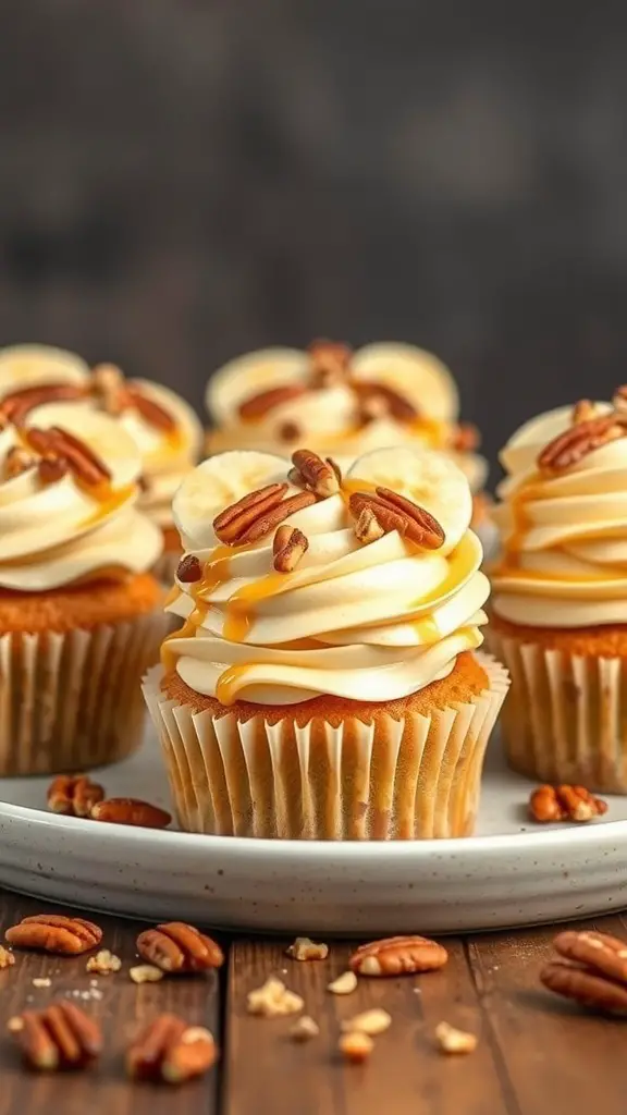 Heart-shaped banana nut cupcakes with honey frosting, topped with banana slices and pecans.