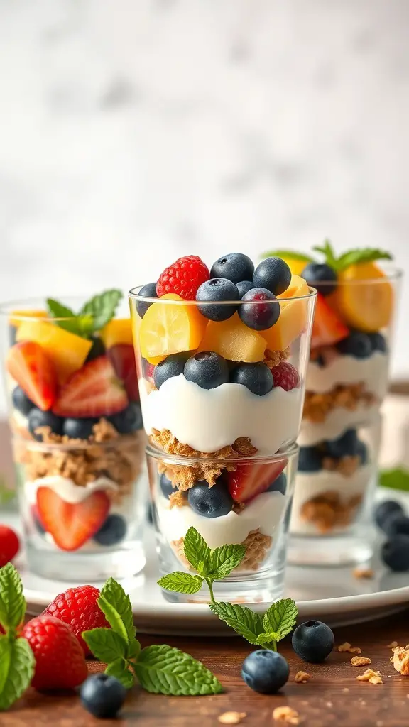 Colorful fruit and yogurt parfaits in glasses with layers of yogurt, granola, and fresh fruits.