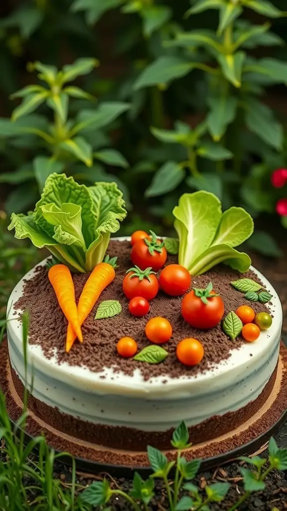 A beautifully decorated cake resembling a vegetable patch with carrots, tomatoes, and lettuce.