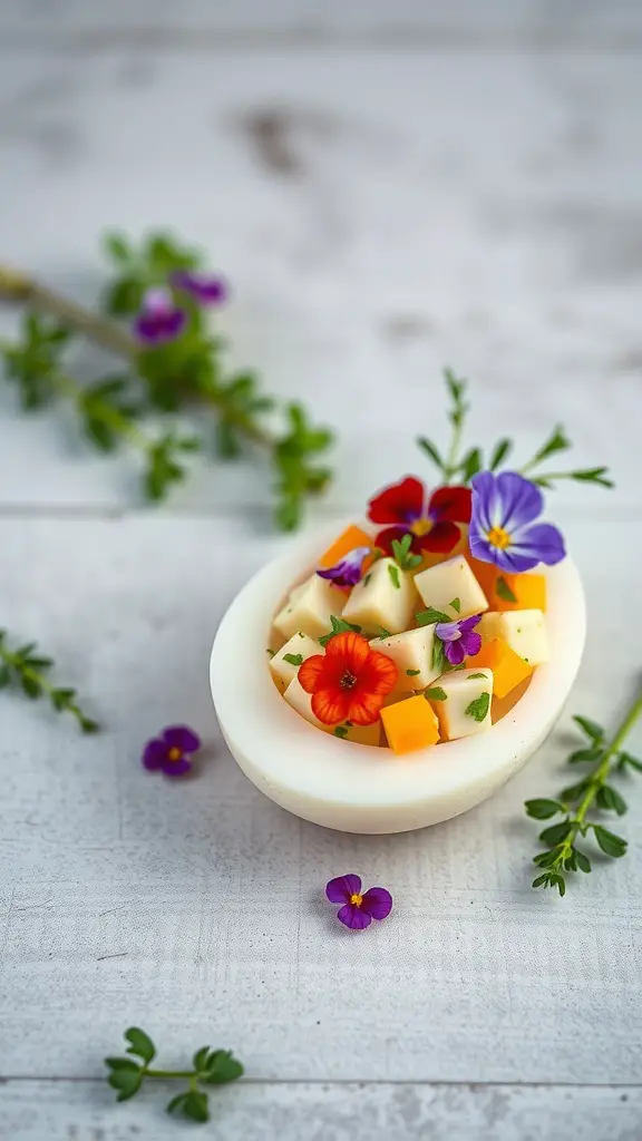 A colorful Easter egg salad with cheese cubes and edible flowers in an egg-shaped bowl.