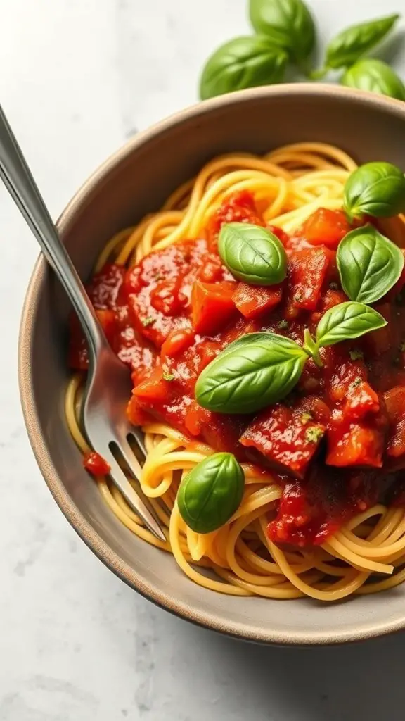 Bowl of spaghetti squash with marinara sauce and fresh basil