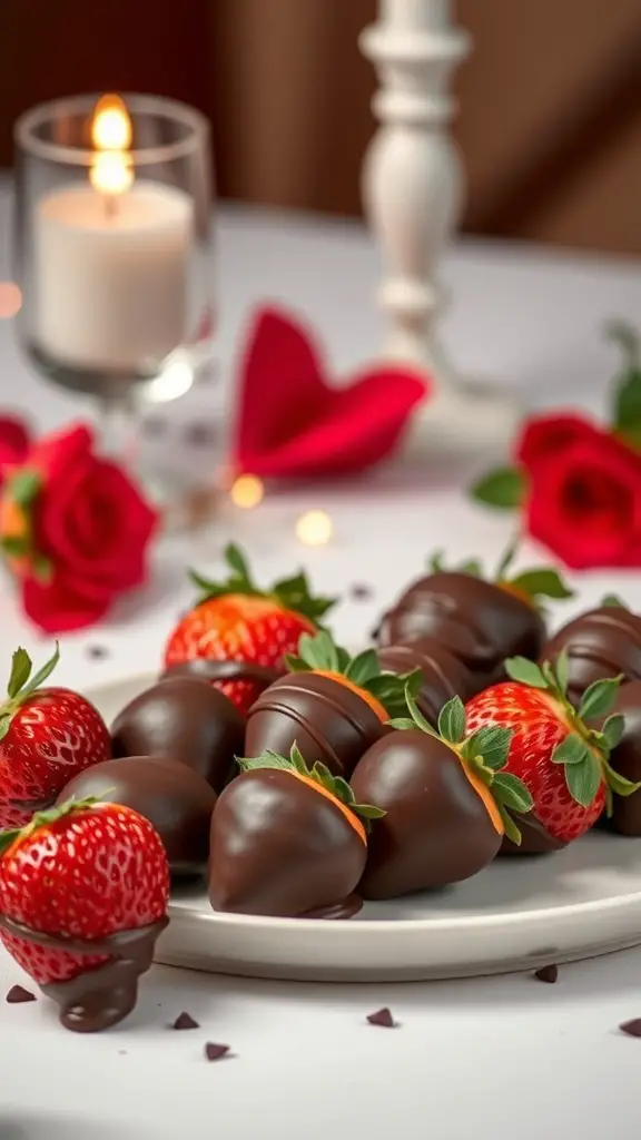 A plate of chocolate-dipped strawberries surrounded by roses and candles, perfect for a romantic setting.