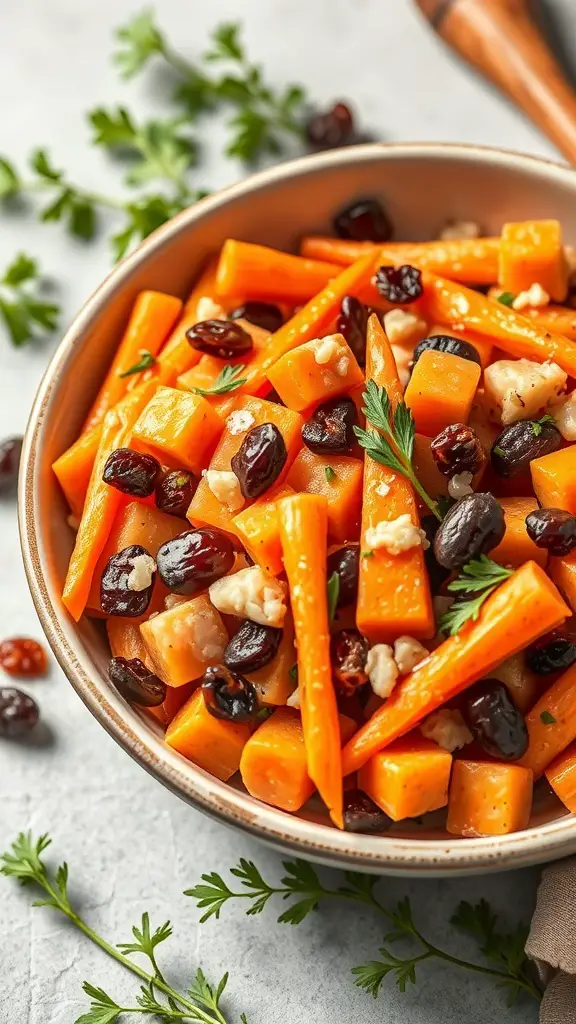 A bowl of carrot and raisin salad with nuts, garnished with parsley.