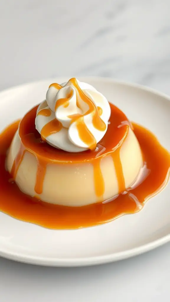 A delicious caramel flan topped with whipped cream and caramel sauce on a white plate.
